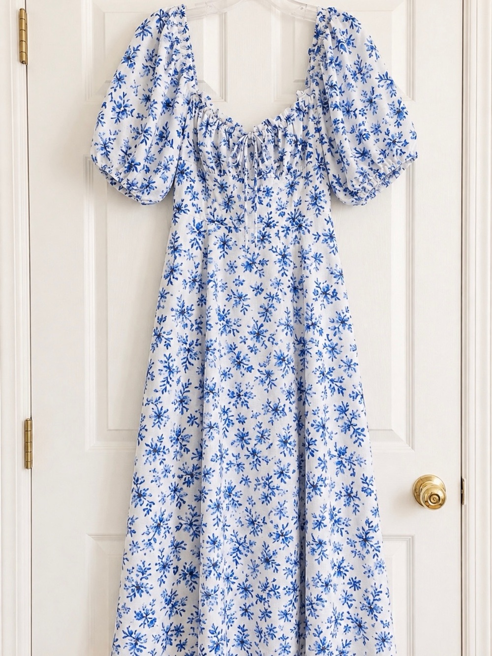Flying Tomato Blue & White Floral Puff Sleeve Smocked Cottagecore Midi Dress
